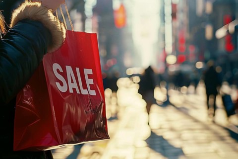 Red shopping bag with white text 'SALE' carried by person in city street. Generative Ai, AI