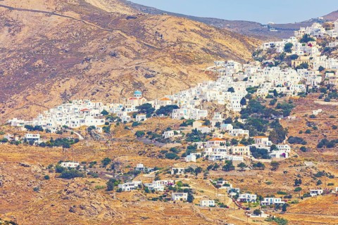 View of the hilltop village of Chora, Chora, Serifos Island, Cyclades Islands, Greece, Europe