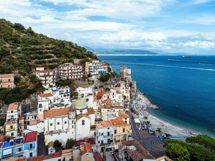 Cetara from a drone, Amalfi Coast, Salerno, Campania, Italy, Europe