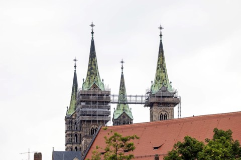 City view, construction work with scaffolding at St Michael's Church, Michaelsberg Bamberg, Upper