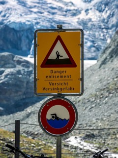 Warning sign below the Moiry glacier, danger of flooding, Valais, Switzerland, Europe