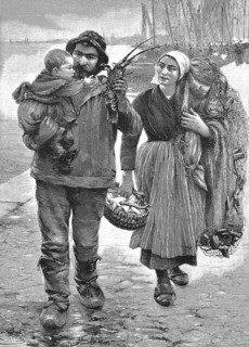 The return of the father, the fisherman is back from his tour and shows his child a crayfish, the