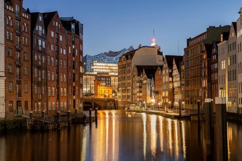 Nikolaifleet with Elbe Philharmonic Hall at the blue hour, Hamburg, Germany, Europe