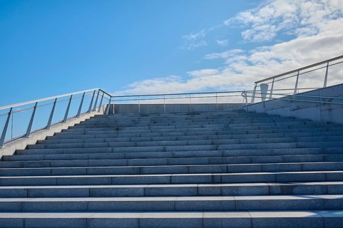Event terrace with stairs at More og Romsdal Art Centre, blue sky in the background, Molde,