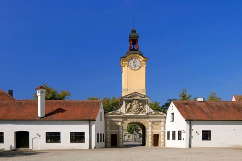 Europe, Germany, Bavaria, Danube, Ingolstadt, New Palace, View to the baroque clock tower, Bavarian