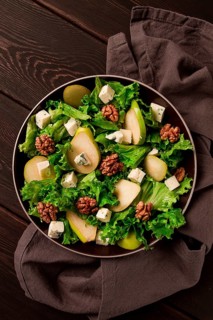 Keto Salad, pear with blue cheese and walnut, selective focus, no people, close-up
