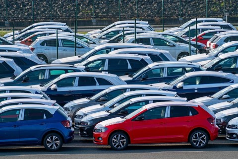 VW plant, Emden, new cars, waiting to be shipped, Lower Saxony, Germany, Europe
