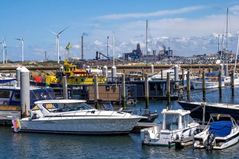 Seaport Marina IJmuiden, marina, sailing boats, yachts, behind the Tata Steel steel and smelting