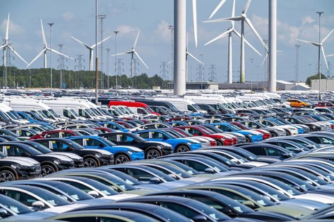 Storage area for new cars in the port of Vlissingen-Oost, vehicles are temporarily stored on over