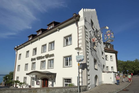 Hotel Wilder Mann, white building with stepped gable, Meersburg, Obersee, Lake Constance, Lake