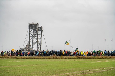 Demonstration against the demolition of the lignite village of Lützerath, from the village of