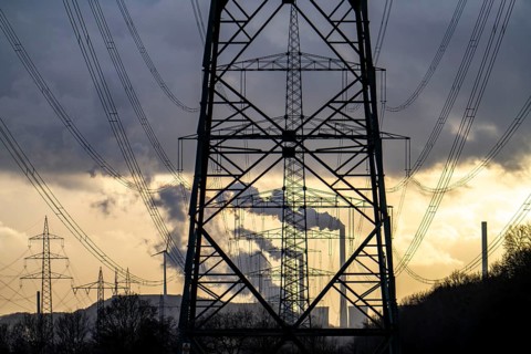 High-voltage power lines, overhead pylons, UNIPER coal-fired power plant Scholven in the