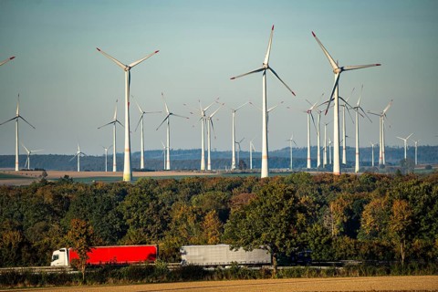 Wind farm near Bad Wünnenberg, OWL, A44 motorway, HGV traffic, North Rhine-Westphalia, Germany,