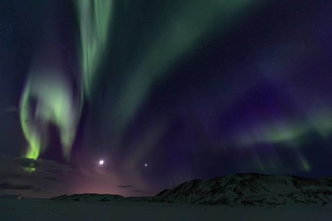 Green northern lights, aurora borealis over snowy mountains, volcanic, winter, moon, Laugarvatn,
