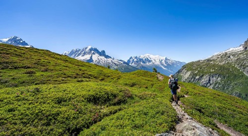 Mountaineer on hiking trail, mountain panorama with glaciated mountain peaks, Aiguille Verte with