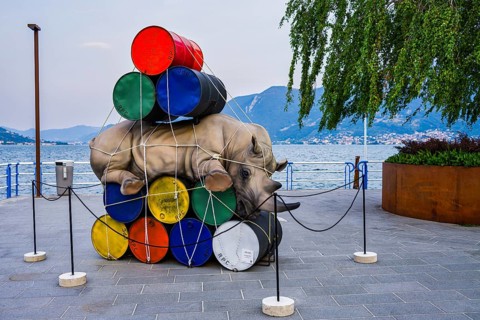 Sculpture on Lake Iseo, Iseo, Lombardy, Italy, Europe