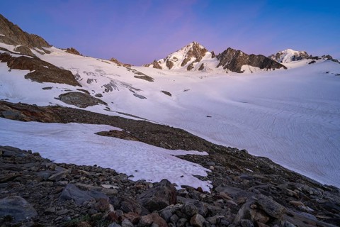 High alpine mountain landscape at sunset, Glacier du Tour, glacier and mountain peak, summit of the