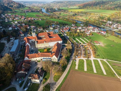 Aerial view of Plankstetten with Benedictine Abbey, Plankstetten, Berching, Bavaria, Germany,