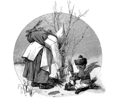 Woman cutting willow rods in winter, with a child with angel wings, historical, digital