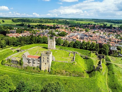 Helmsley Castle from a drone, North York Moors National Park, North Yorkshire, England, United