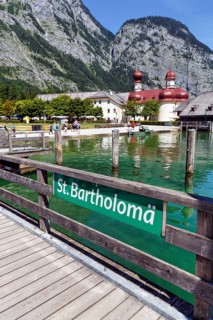 Pilgrimage church St. Bartholomä am Königssee with inscription on the jetty, Berchtesgaden National