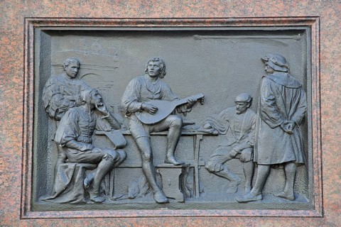 Relief with life story of Martin Luther, life as a student, musician, guitar, figures, history,