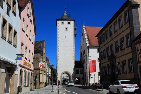 Upper Tower and Bamberg Tor tor in the main street, Hassfurt, Hassfurt, Hassberge district, Lower