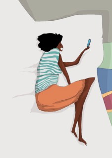 Vector art hand drawn background depicting a happy girl resting in bed, playing on the phone