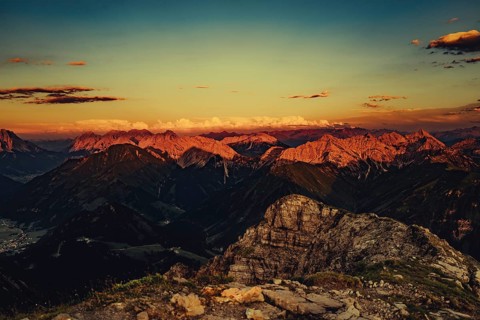 Thaneller summit at sunset in the Lechtal valley in Tyrol with a wonderful view of the surrounding