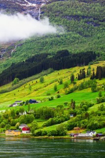 Mountains and Fjord over Norwegian Village, Olden, Innvikfjorden, Norway, Europe
