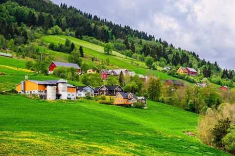 Mountains and Fjord over Norwegian Village, Olden, Innvikfjorden, Norway, Europe