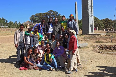 Tigray region, in the stele park of Axum, Aksum, group of local students, young people, Ethiopia,