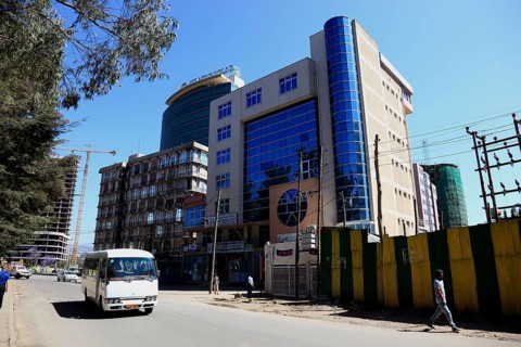 Addis Ababa, street scene in the city centre, skyscraper and office building, Ethiopia, Africa