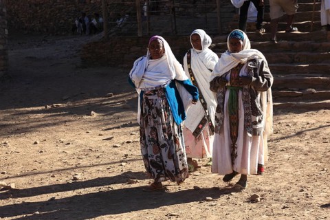 Yeha village, believers leaving the church of Abba Aftse monastery, Abuna Aftse, Ethiopia, Africa