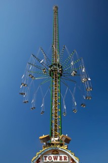80 metre high giant chain flyer tower under a blue sky, Cranger Kirmes, Herne, Ruhr area, North