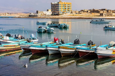 Fishing boats anchored in the harbour of Mirbat, Dhofar Province, Arabian Peninsula, Sultanate of