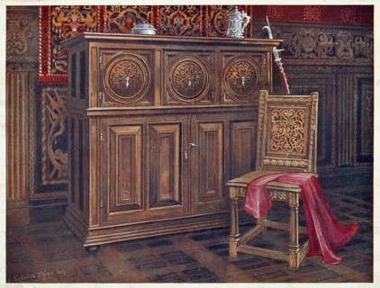 Furniture around the turn of the century 1900, Oak cabinet, with circular convex panels, Walnut