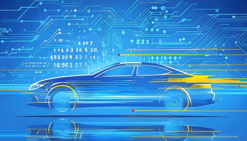 Sport car silhouette with vibrant blue and yellow dynamic lines showing motion, surrounded by data