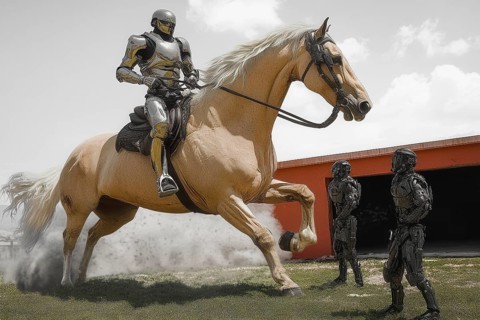 Cyborg soldier in full battle armor on rearing white horse, AI generated