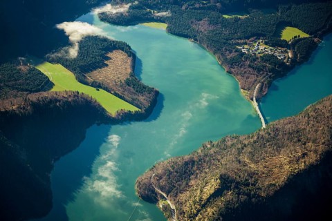 Aerial view, bird's eye view, Sylvenstein Lake, Upper Bavaria, Bavaria, Germany, Europe