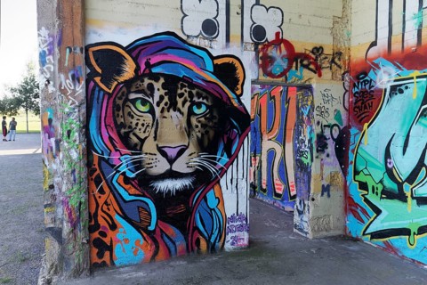 Leopard in hoodie, graffiti, street art, Rheinpark Duisburg, North Rhine-Westphalia, Germany,