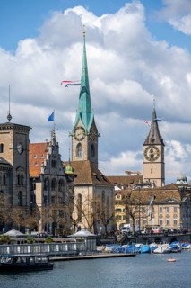 Zurich old town, view of the Limmat and churches, Switzerland, Europe