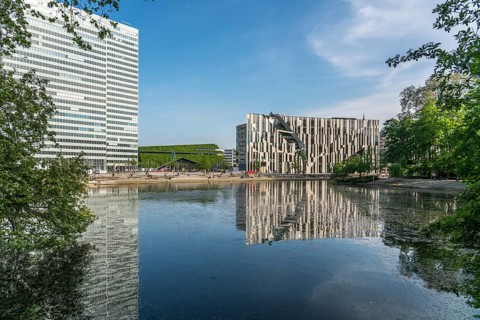 Modern architecture of the Kö-Bogen and Dreischeibenhaus building complex, state capital