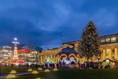 Stuttgart Christmas market in the evening. Traditional event with more than 3.5 million visitors