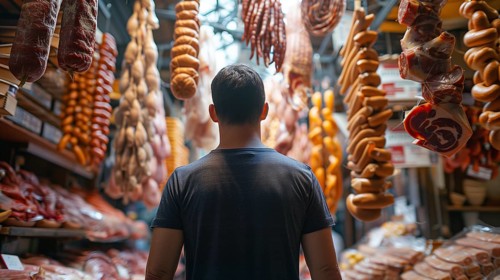 Man standing in front of a variety of shelved and hanging meats. generative AI, AI generated