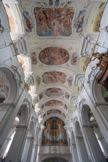 Baroque vault with organ loft of the Basilica of St Mauritius, Niederaltaich, Lower Bavaria,