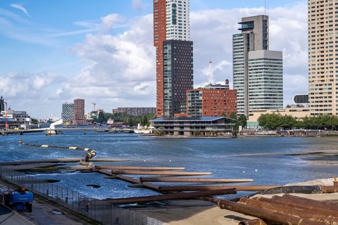 The Rijnhaven, a 28-hectare harbour basin, has now been filled in by almost a third to create space