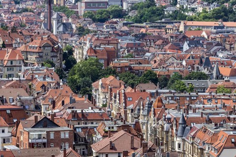 City view of Stuttgart. View of the roofs and facades of Stuttgart-Süd with Liststraße. Stuttgart,