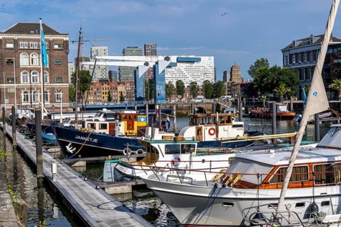 Rotterdam Marina, behind high-rise buildings in the Maritiem District on the other side of the
