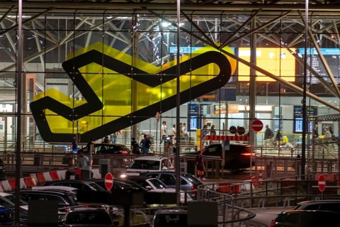 Cologne-Bonn Airport, CGN, North Rhine-Westphalia, Passenger Terminal 2, Logo, evening, Germany,